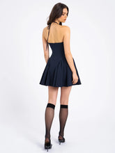 Load image into Gallery viewer, Navy Blue Pinstripe Halter Drop Waist Mini Dress
