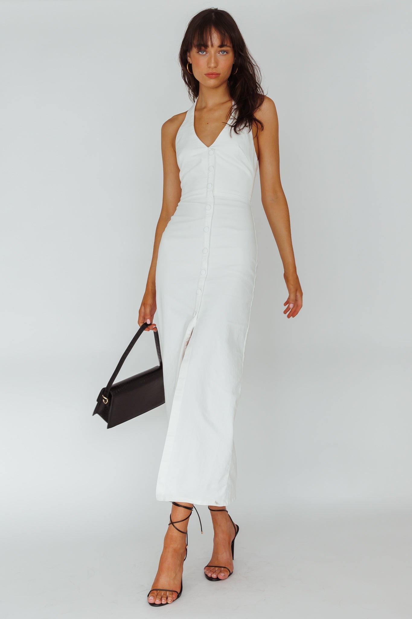 Button Denim Maxi Dress- White L