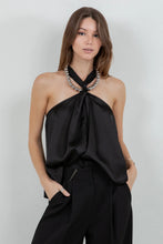 Load image into Gallery viewer, Halter Satin Top with Metallic Silver Beading Accent- Black
