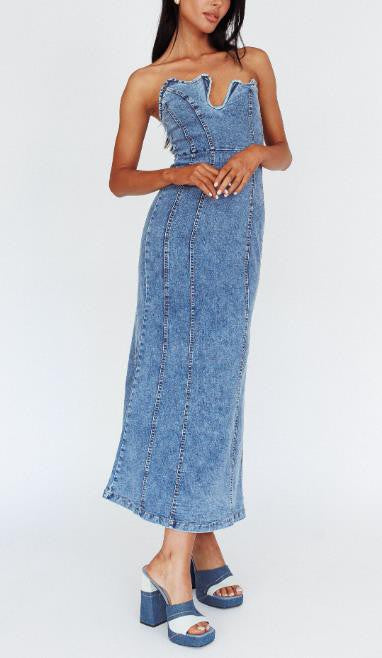 Strapless Detail Denim Dress