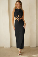 Load image into Gallery viewer, Linen Flower Cutout Black Dress
