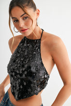 Load image into Gallery viewer, Black Starlit Sequin Tie Back Top

