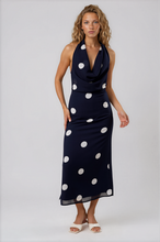 Load image into Gallery viewer, Navy Polka Halter Dress
