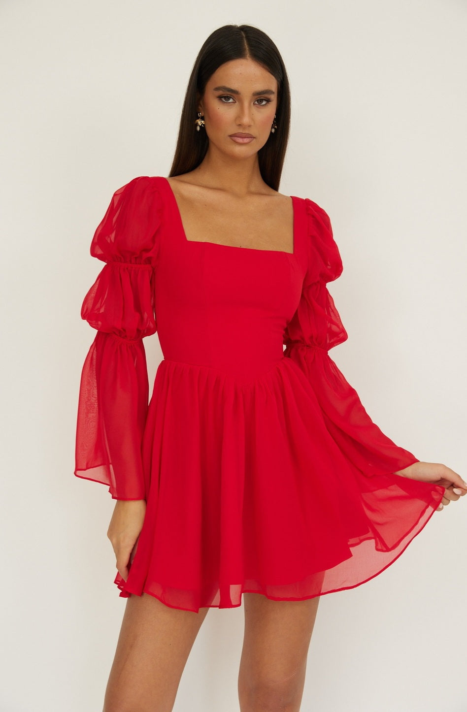 Beah Long Sleeve Mini Dress- Red