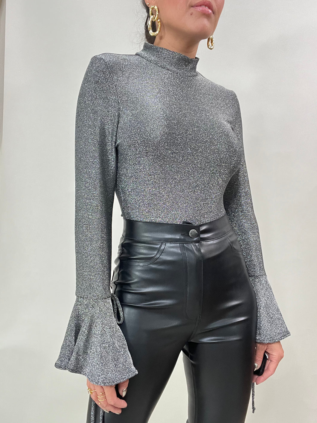 Bell Sleeve Metallic Bodysuit- Silver