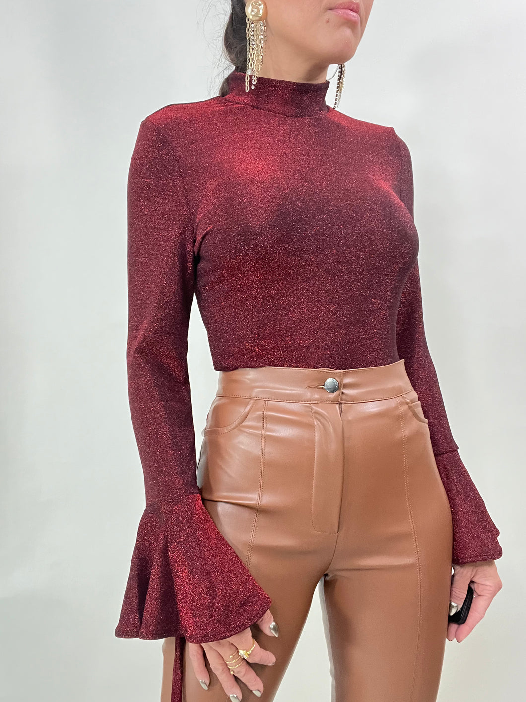 Bell Sleeve Metallic Bodysuit- Red